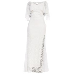 Vintage Backless 1930s White Lace Gown with Lace Caplet and Victorian Lace Detail