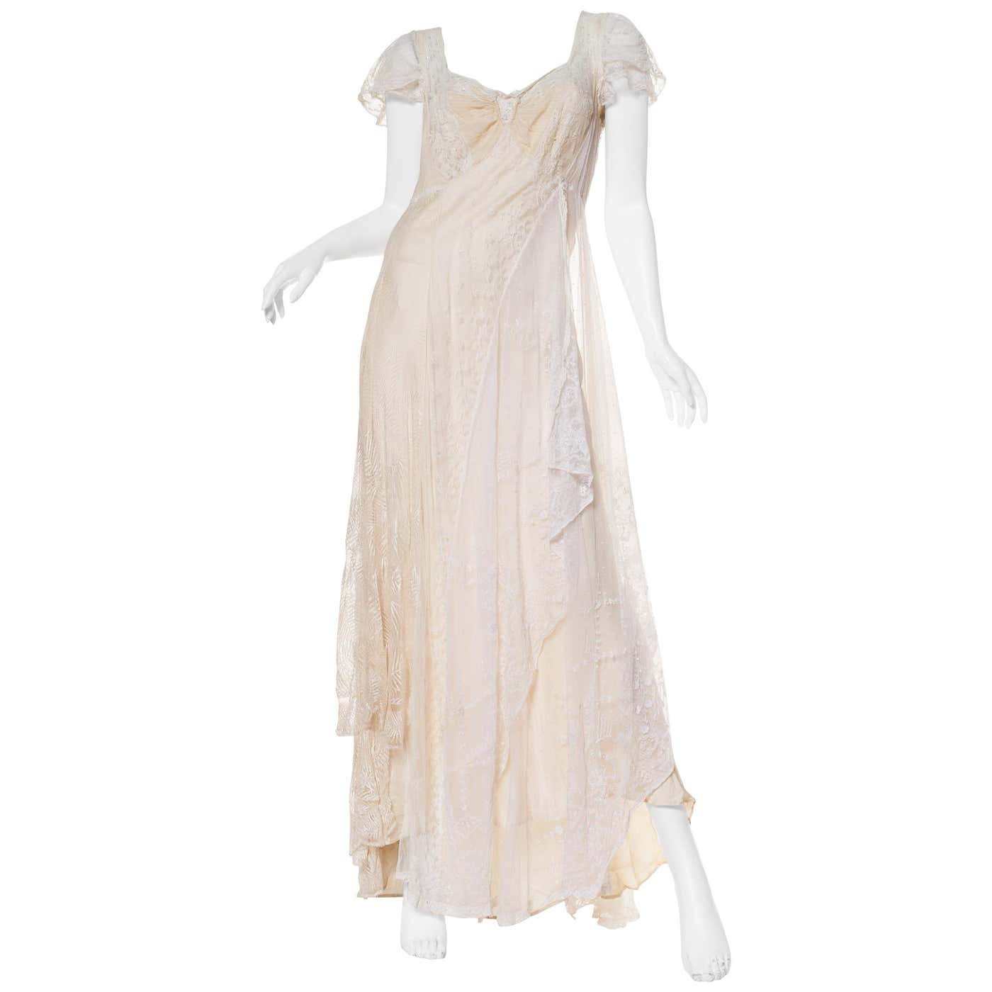 1930S Ivory Bias Cut Silk and Antique Edwardian Bridal Lace Gown XL at ...