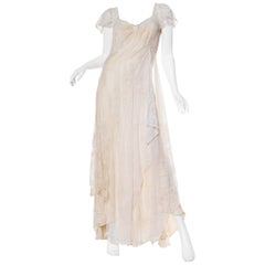 1930S Ivory Bias Cut Silk & Antique Edwardian Bridal Lace  Gown XL