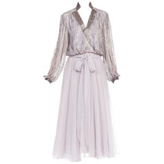 1970S  Grey Polyester Chiffon Low-Cut Beaded Tea Length Gown With Baloon Sleeves
