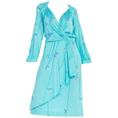 1970S DE PARISINI Aqua  Blue Silk Jersey Floral Dress Made In Italy