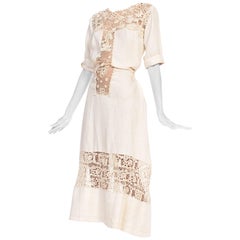 Antique Edwardian Ecru Linen Tea Dress With Hand Made Irish Crochet Lace Panels