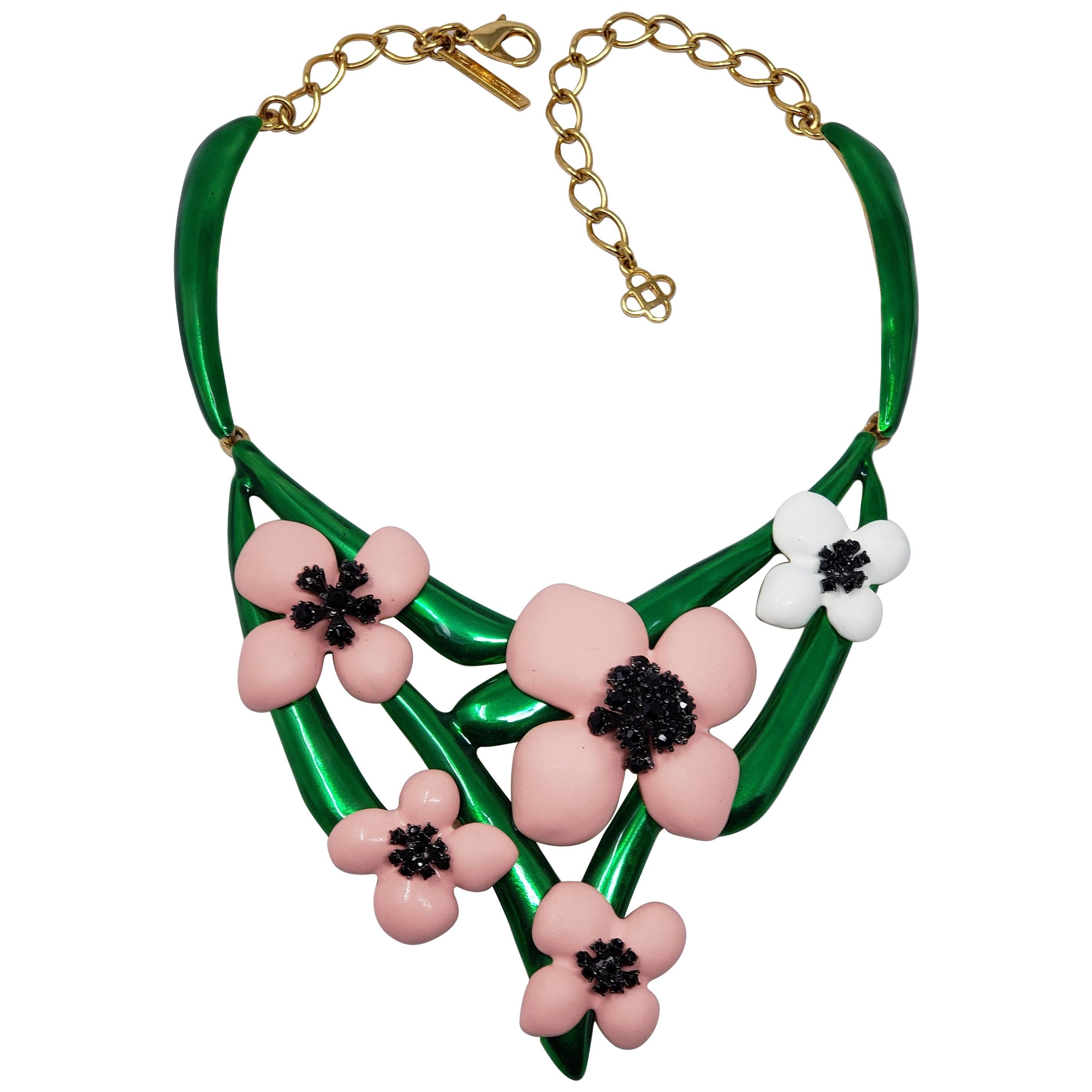 Oscar de la Renta Soft Pink Resin Green Enamel & Black Crystal Flower Necklace For Sale