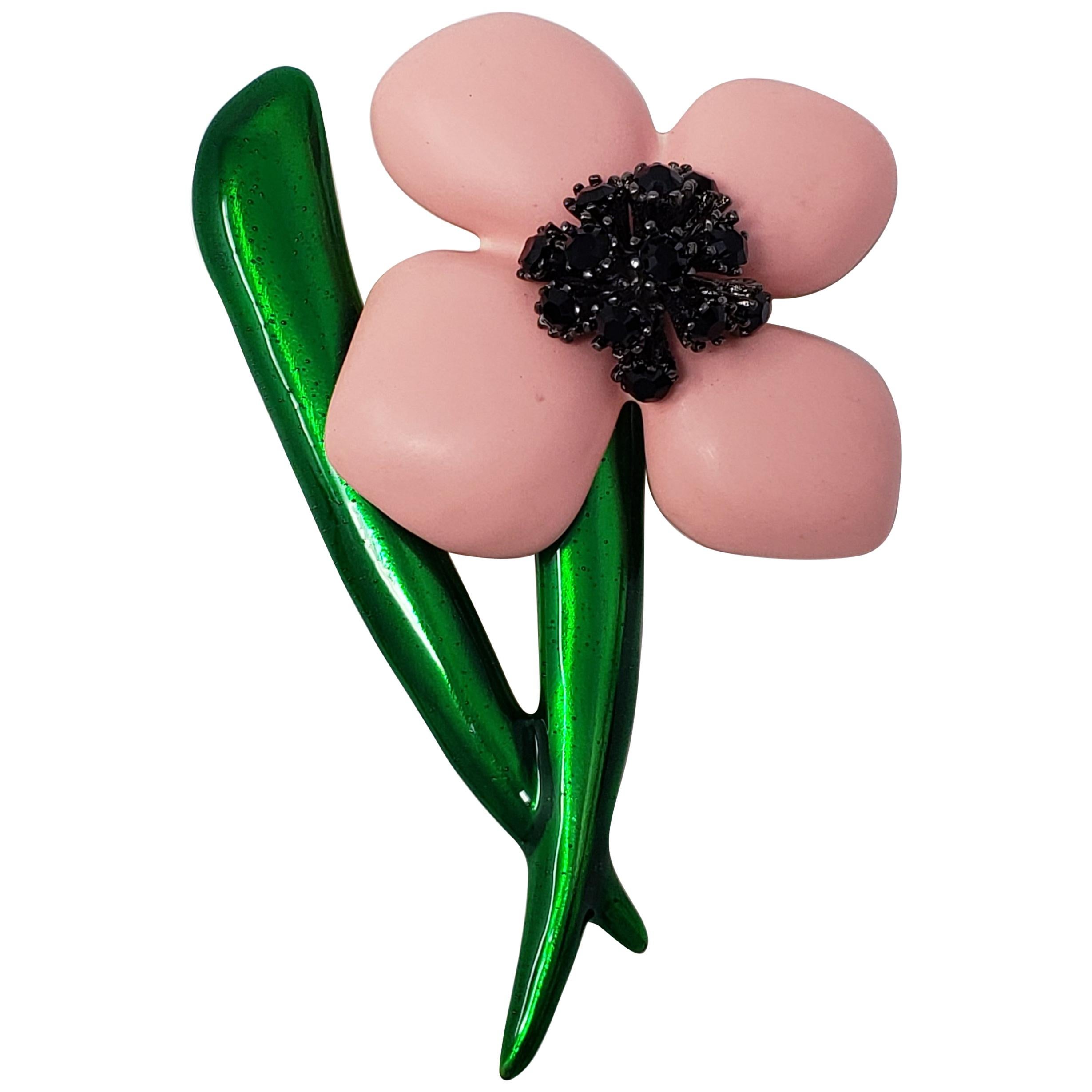 Oscar de la Renta Pink Resin & Green Enamel Flower Brooch with Black Crystals For Sale