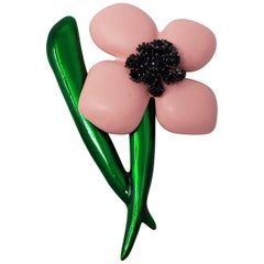 Vintage Oscar de la Renta Pink Resin & Green Enamel Flower Brooch with Black Crystals