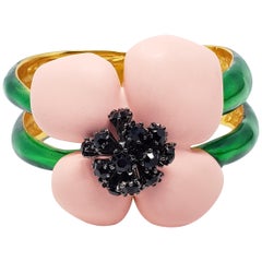 Vintage Oscar de la Renta Soft Pink Resin & Green Enamel Gold Plated Flower Bracelet