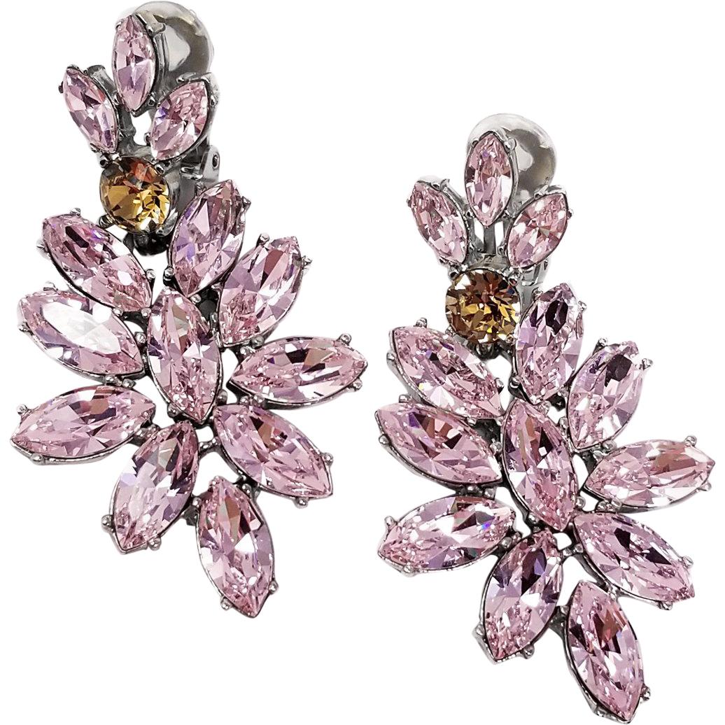 Oscar de la Renta Pink Crystal Cluster Clip On Earrings Rhodium Plated