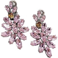 Vintage Oscar de la Renta Pink Crystal Cluster Clip On Earrings Rhodium Plated