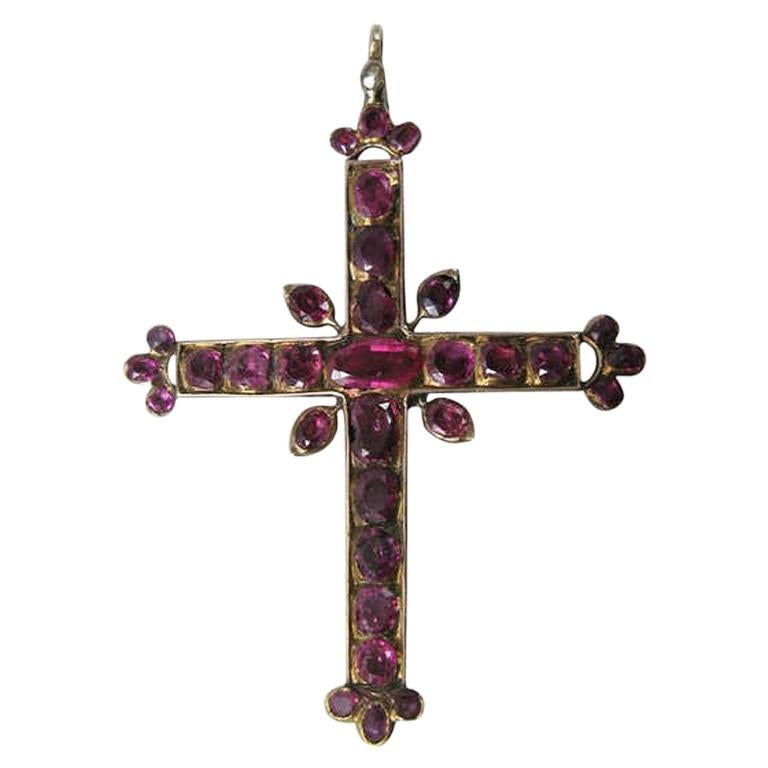 Antique Estate 1800's 14K Gold Ruby Diamond Cross, Mine cut Diamonds 