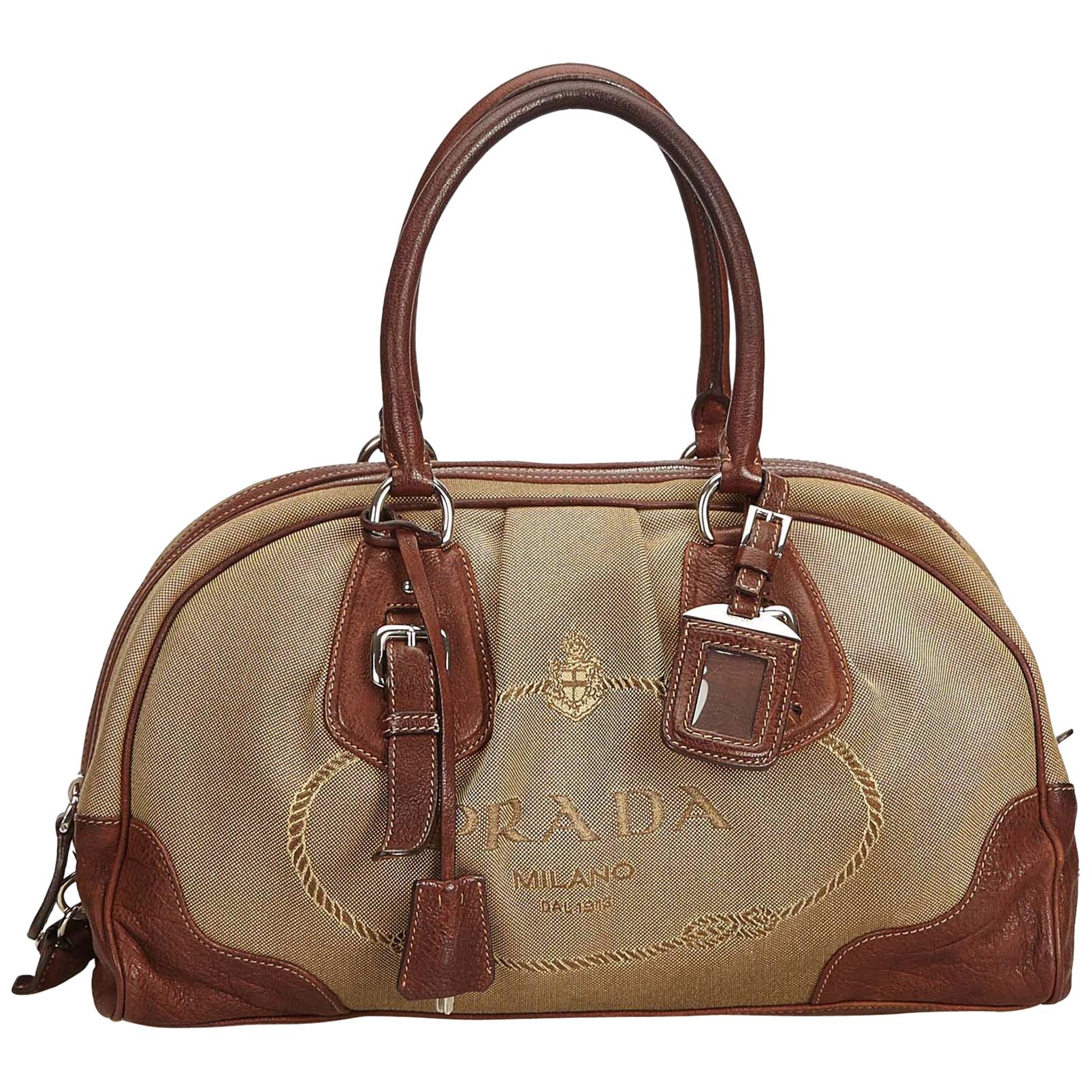 Prada Brown Canapa Canvas Handbag For Sale