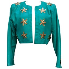 Vintage Yves Saint Laurent beautiful green lambskin jacket with golden stars