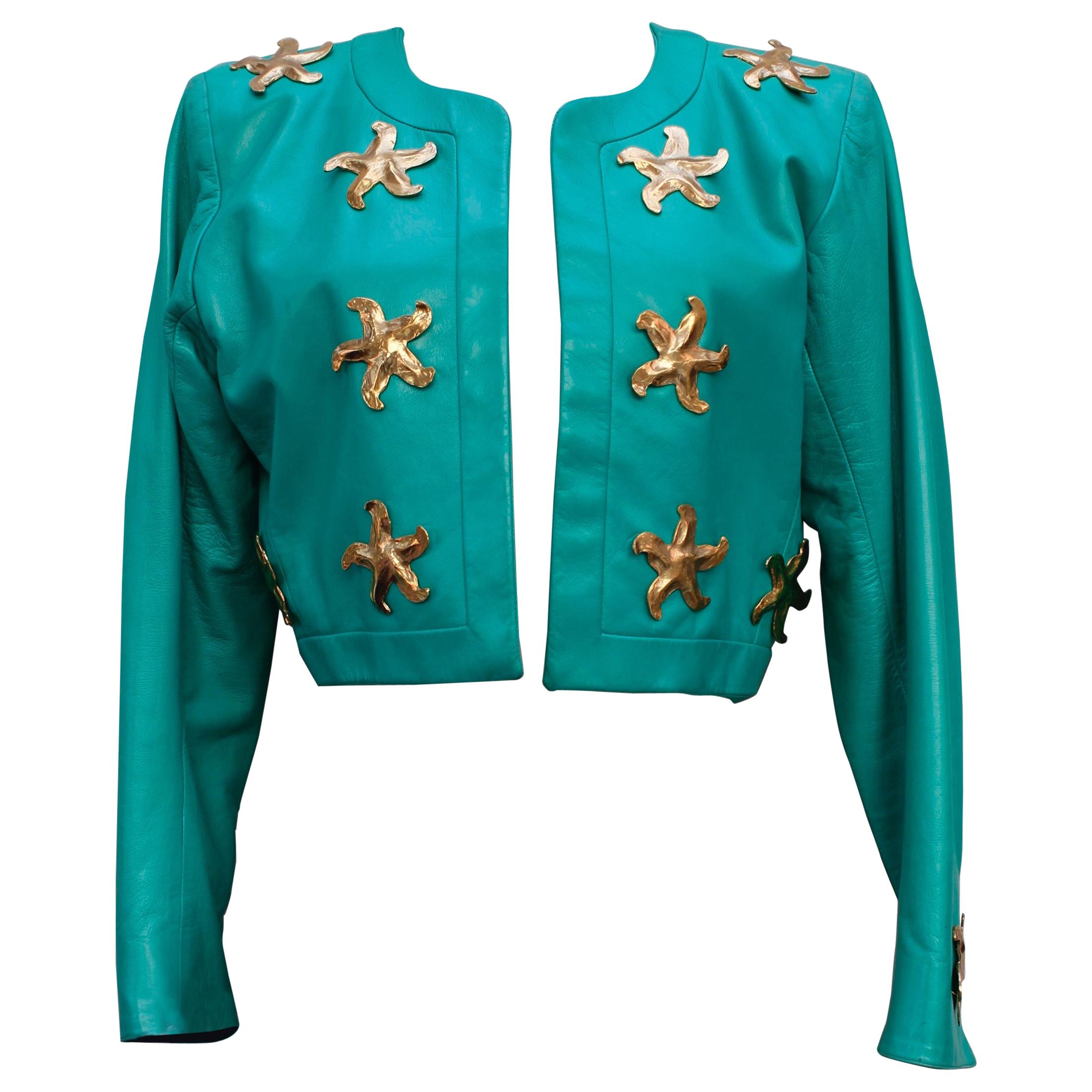Yves Saint Laurent beautiful green lambskin jacket with golden stars For Sale