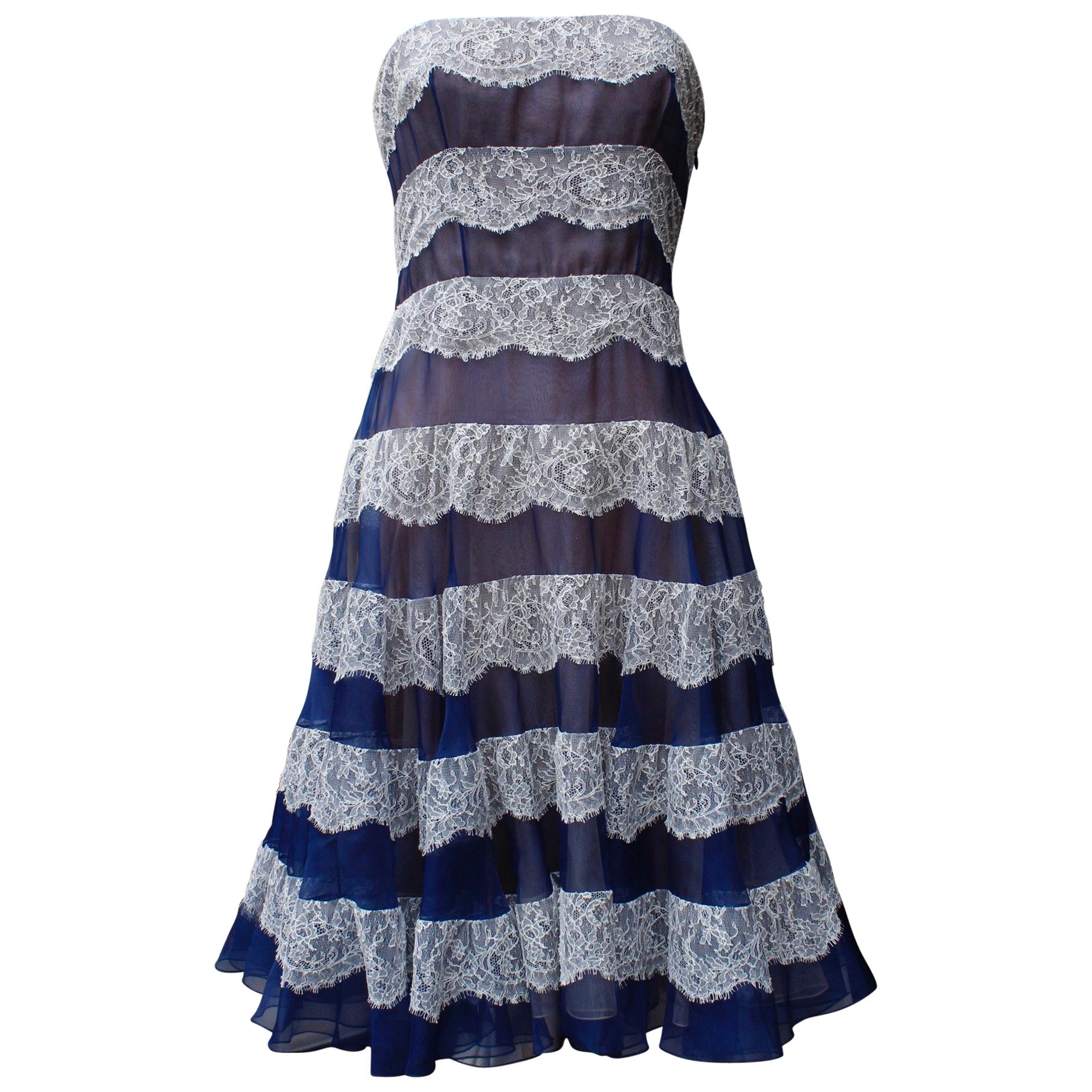 Christian Dior baby doll bustier dress in navy blue veil and white lace For Sale