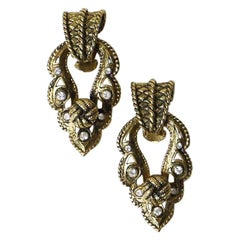 JACQUES FATH Vintage Clip-on Earrings in Aged Gilt Metal and Rhinestones