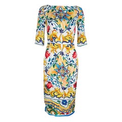 Dolce and Gabbana Majolica Printed Silk Boat Neck Sheath Dress S