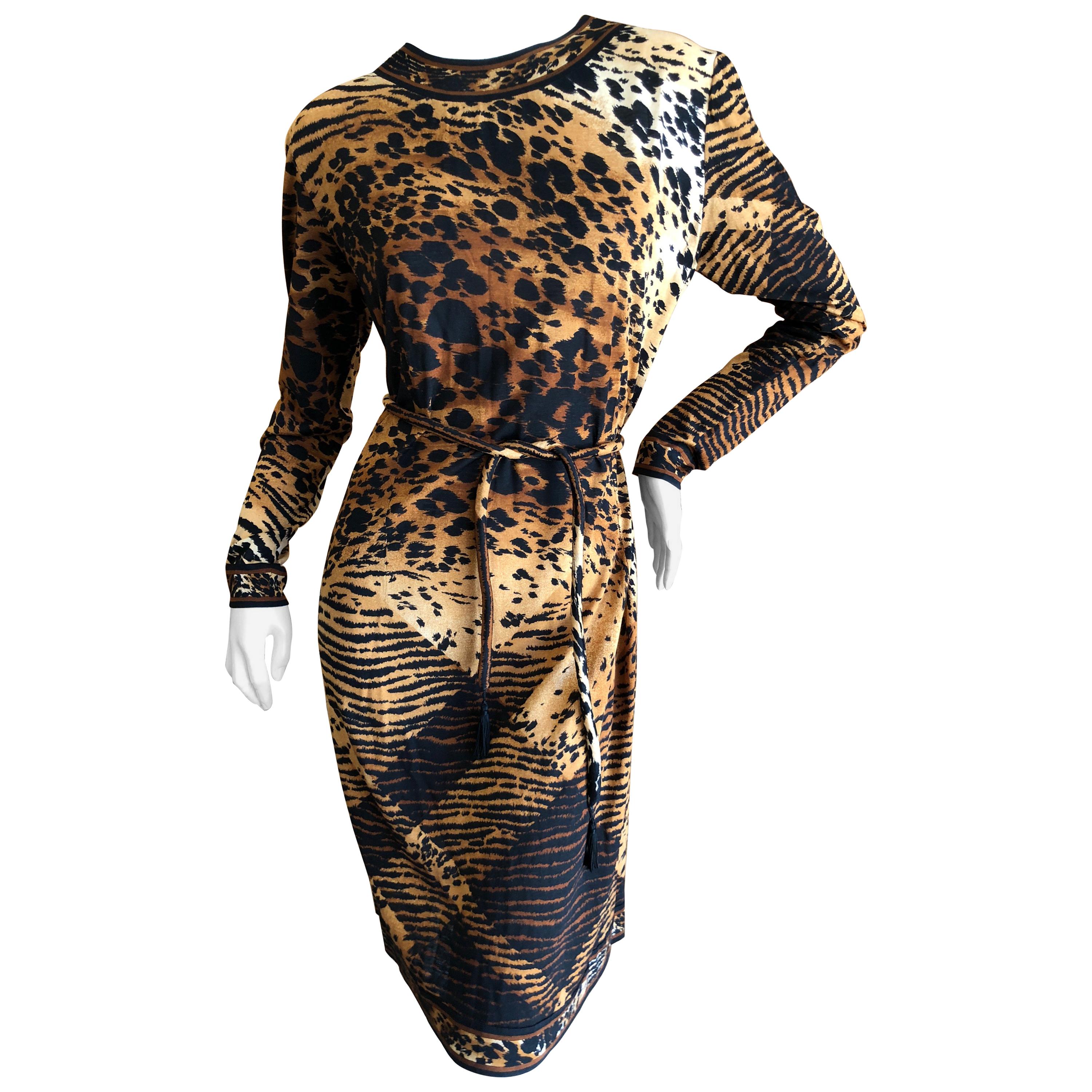 Leonard Paris for Bergdorf Goodman 1970's Leopard Jersey Belted Dress For Sale
