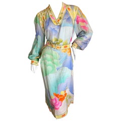 Leonard Paris 1970's Pure Silk Satin Floral Dress with Belt