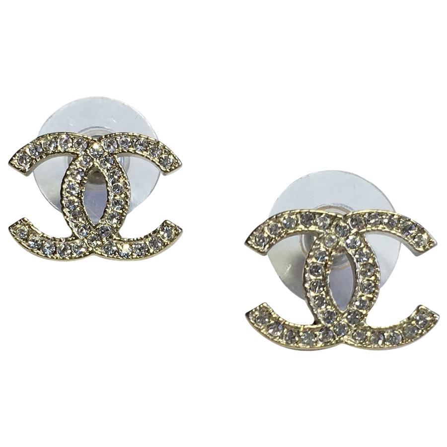 CHANEL CC Logos Button Motif Rhinestone Earrings ClipOn Gold 87959  eBay