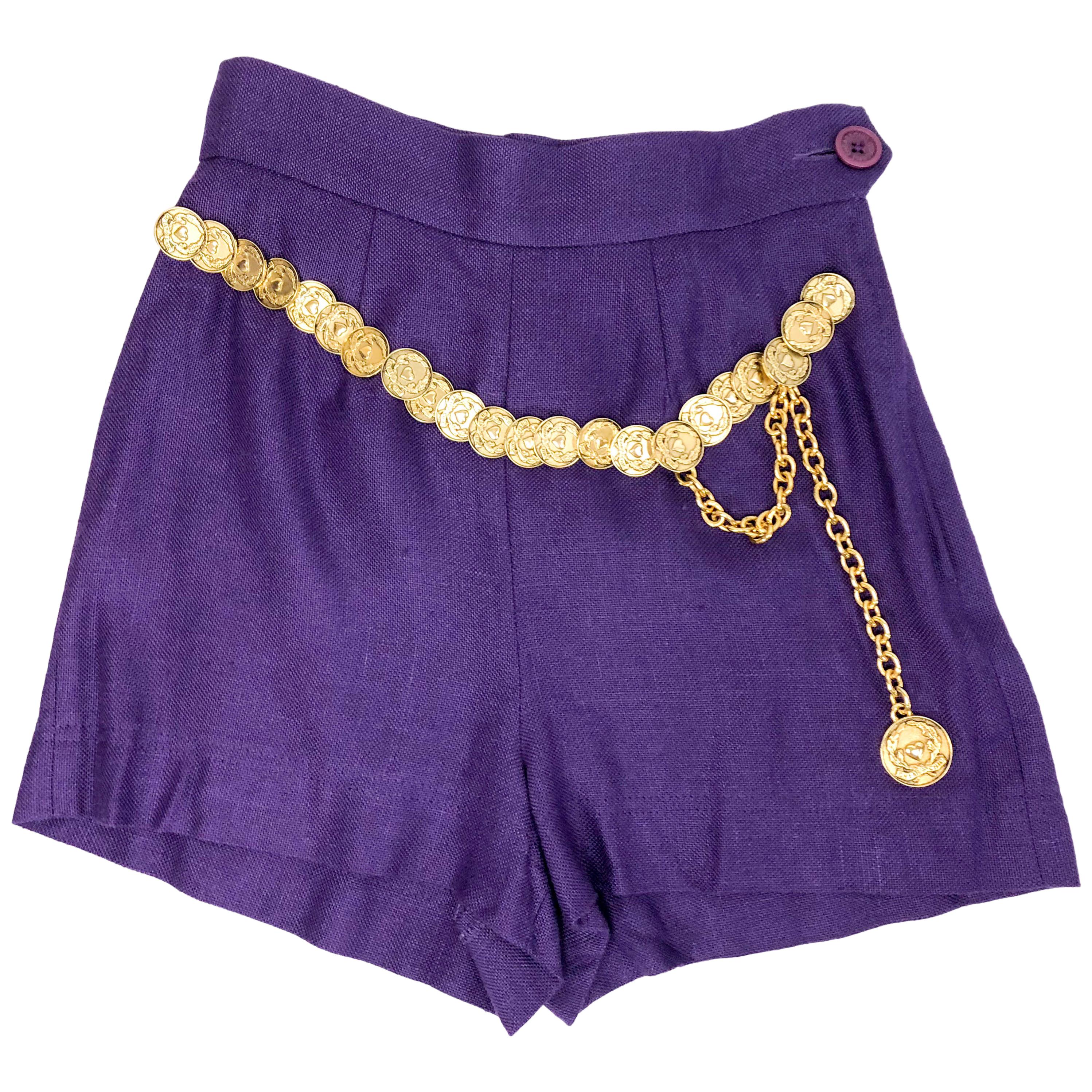 1990's Moschino Royal Purple Linen Shorts With Attached Gilt Coin Belt For Sale