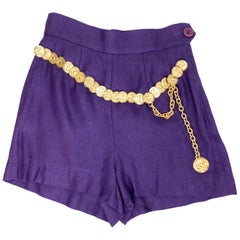 Vintage 1990's Moschino Royal Purple Linen Shorts With Attached Gilt Coin Belt