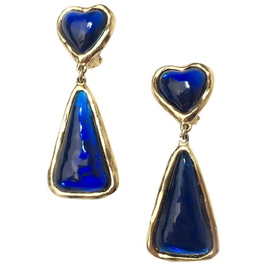 SONIA RYKIEL Vintage Pendant Clip-on Earrings in Gilt metal and Dark Blue  Resin For Sale at 1stDibs