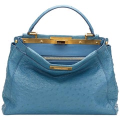 Used 2000 Fendi Blue Ostrich Leather Small Peekaboo