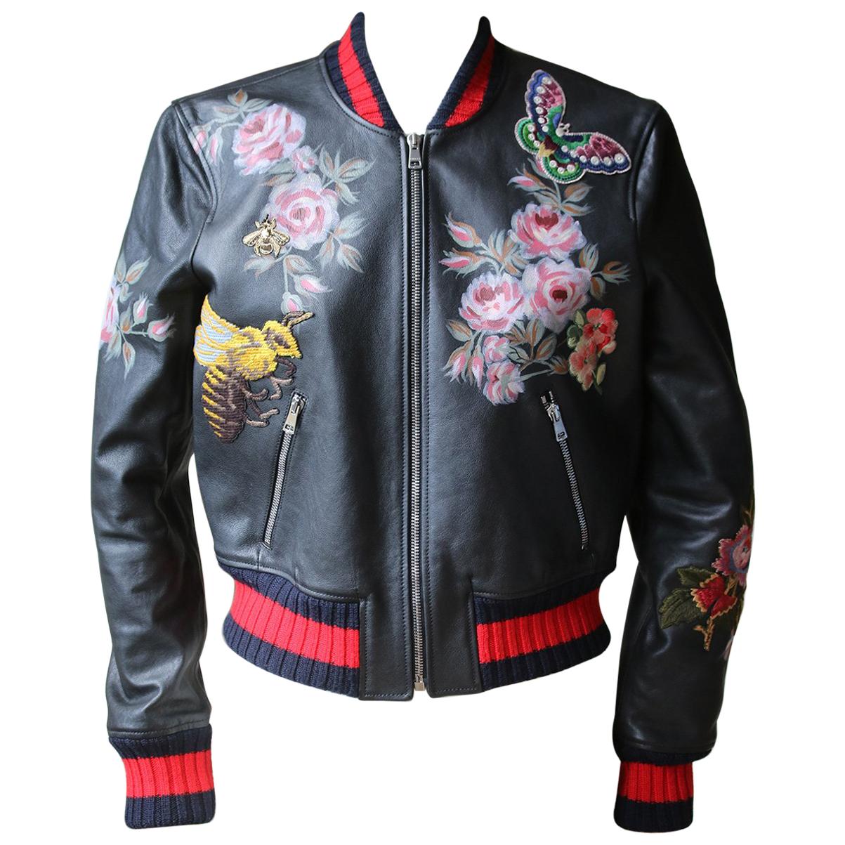 Gucci Hand-Painted Embroidered Leather Bomber Jacket