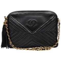 1987 Chanel Black Chevron Quilted Lambskin Vintage Timeless Fringe Camera Bag