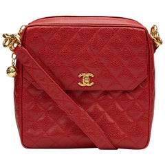 1994 Chanel Red Quilted Caviar Leather Vintage Tall Classic Camera Bag
