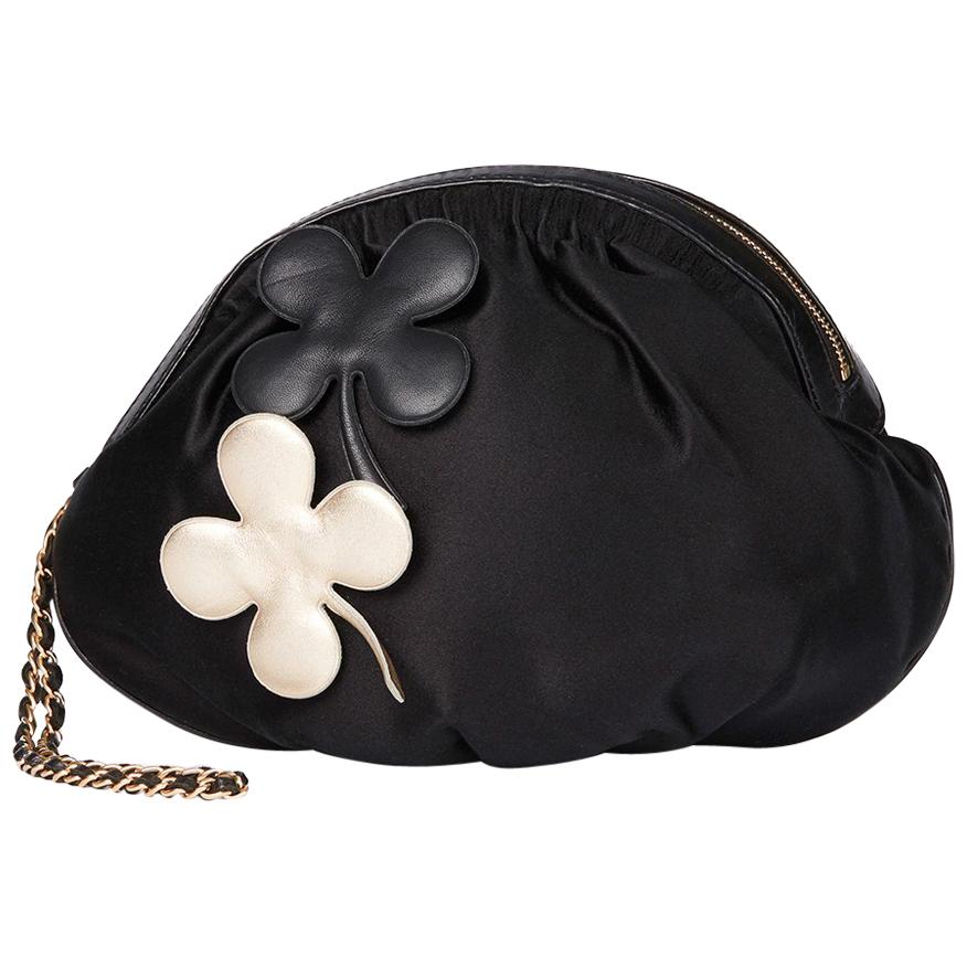 2004 Chanel Black Satin Four Leaf Clover Timeless Wristlet Clutch