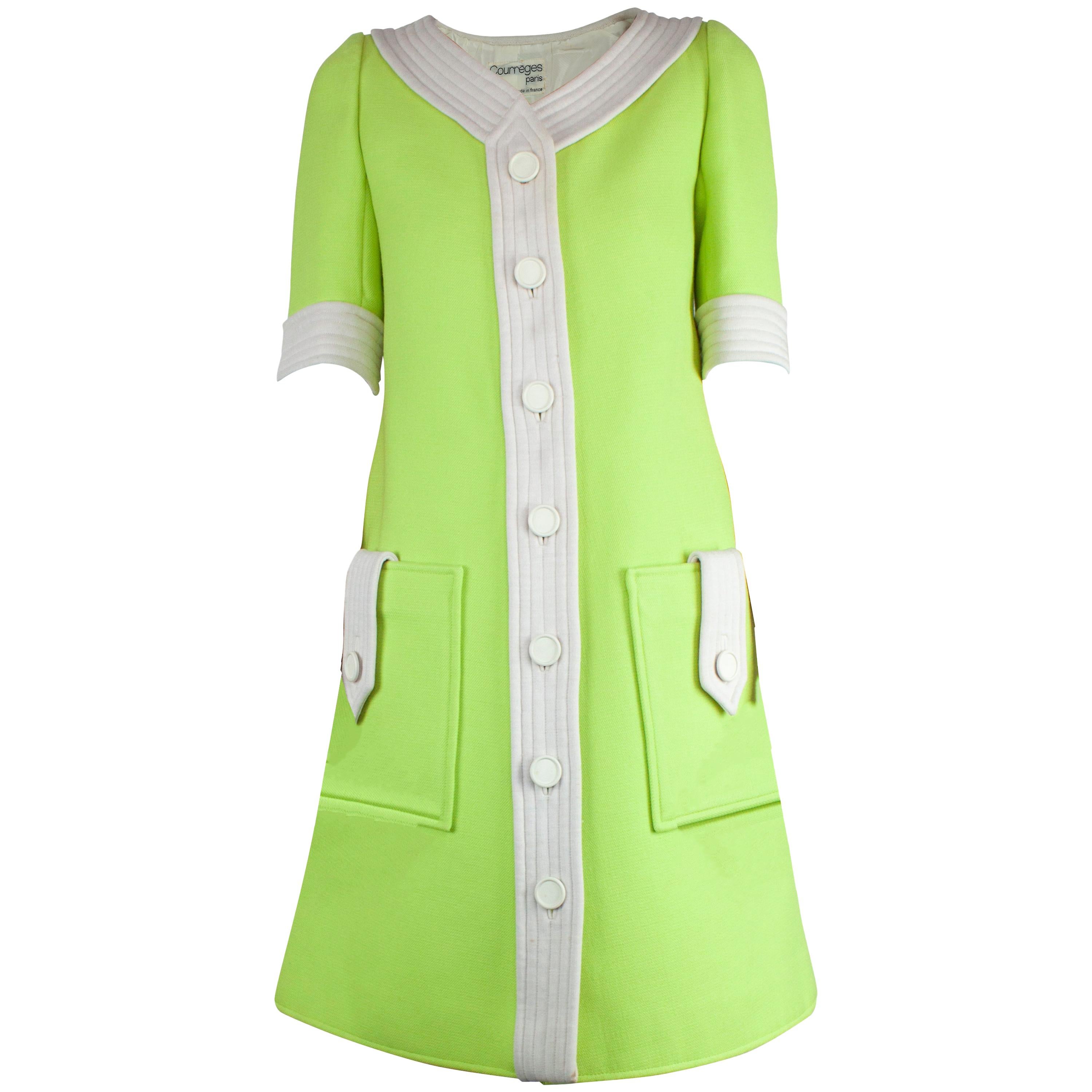 Courrèges numbered lime green and ivory wool dress. circa 1965 