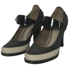 Marni Two Tone Gray Leather Mary Jane with Chunky Heel