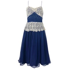 Beautiful 1950s Fred Perlberg Navy Blue +  Ivory Rhinestone 50s Vintage Dress