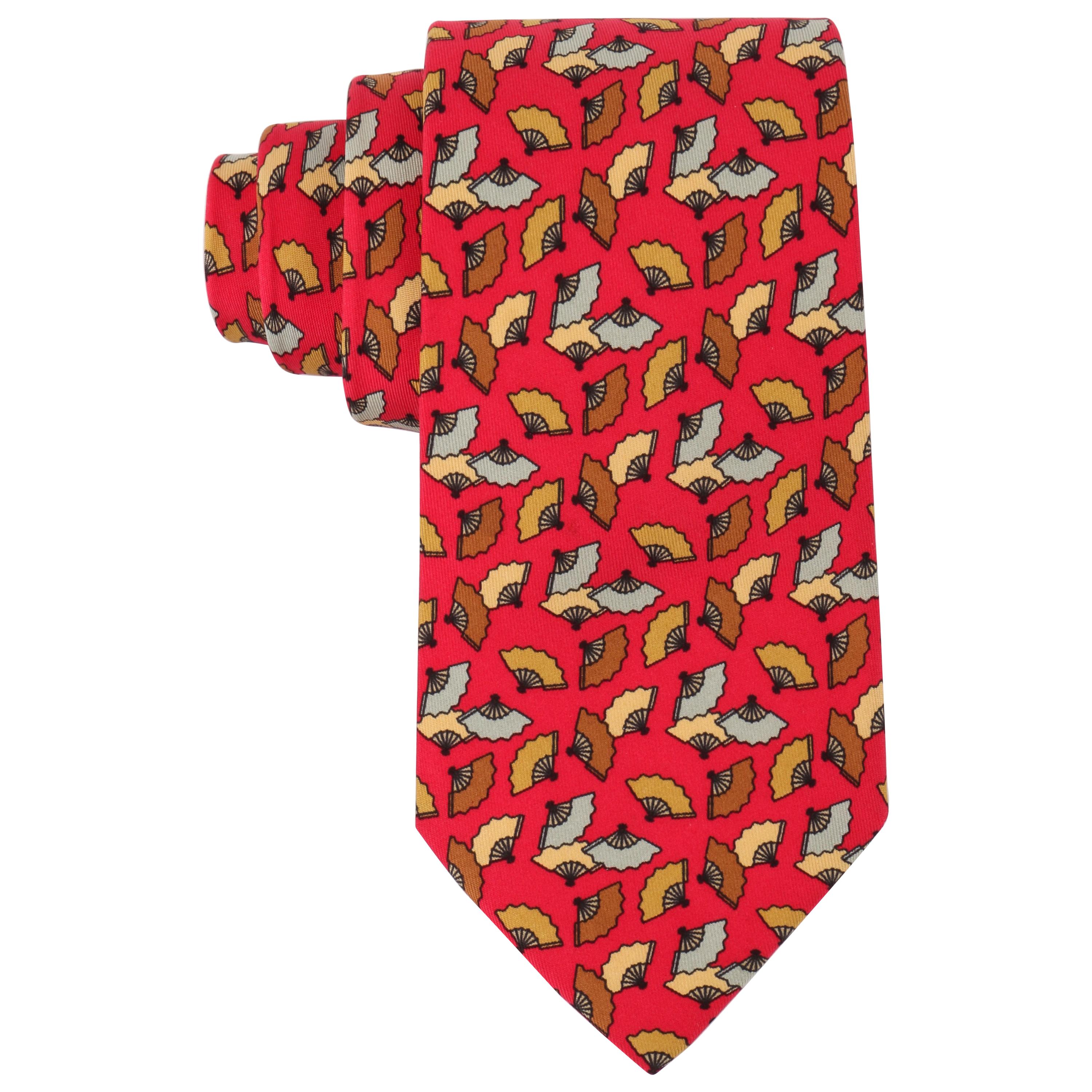 HERMES Red Japanese Fan Print 5 Fold Silk Necktie Tie 7237 MA