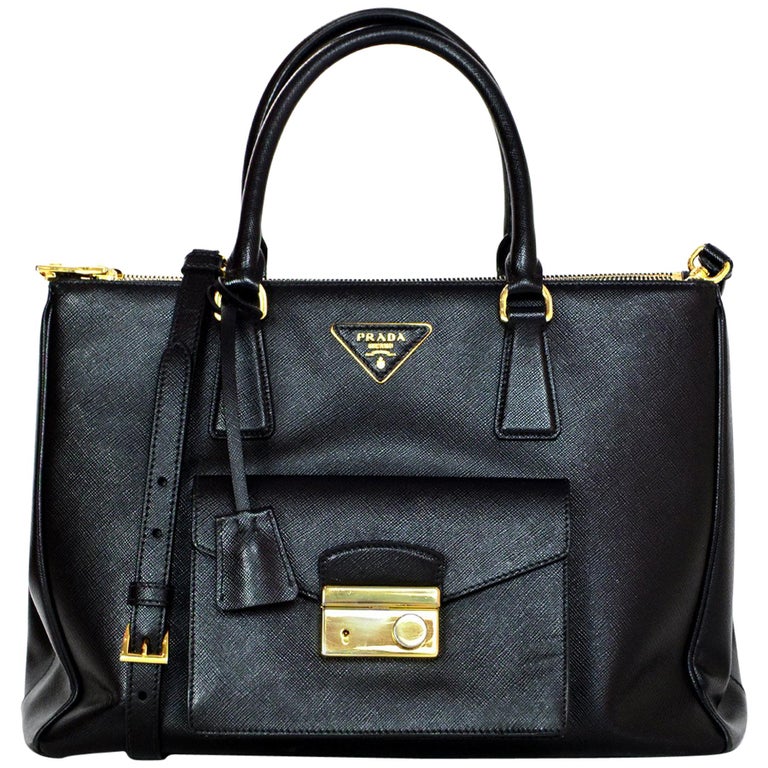 Prada Black Saffiano Lux Leather Pocket Tote Bag W/ Removable Strap and
