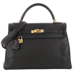 Hermes Kelly Handbag Black Clemence with Gold Hardware 32