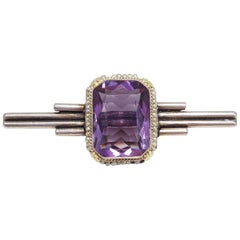 Antique Victorian Art Deco Amethyst & Seeded Pearl Sterling Silver Brooch / Pin