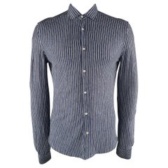 BRUNELLO CUCINELLI Size M Navy & White Stripe Linen Blend Long Sleeve Shirt