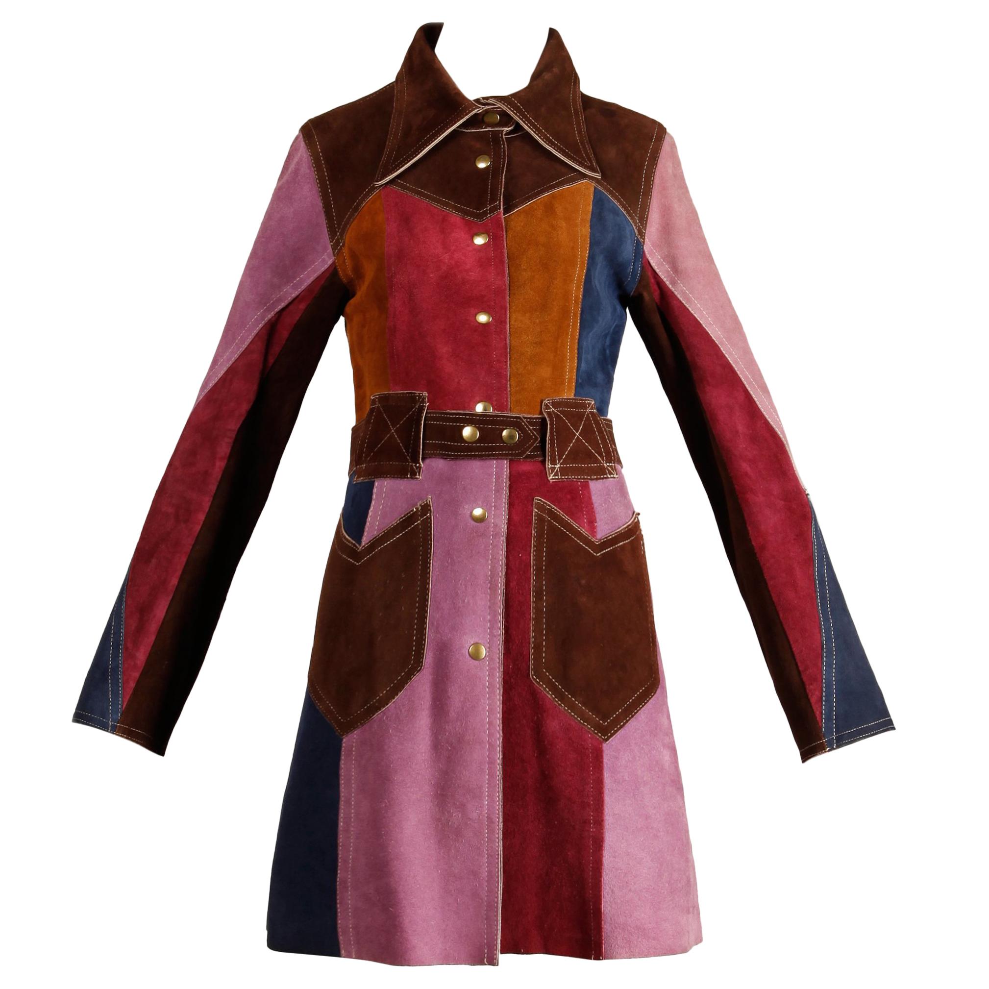 1970s Vintage Color Block Suede Leather Boho Coat with Snaps & Belt