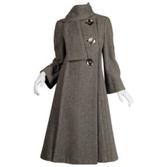 1970s Pauline Trigere Vintage Gray Wool Asymmetric Coat with Attached Scarf