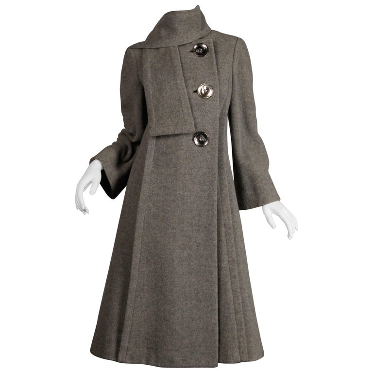1970s Pauline Trigere Vintage Gray Wool Asymmetric Coat with Attached ...
