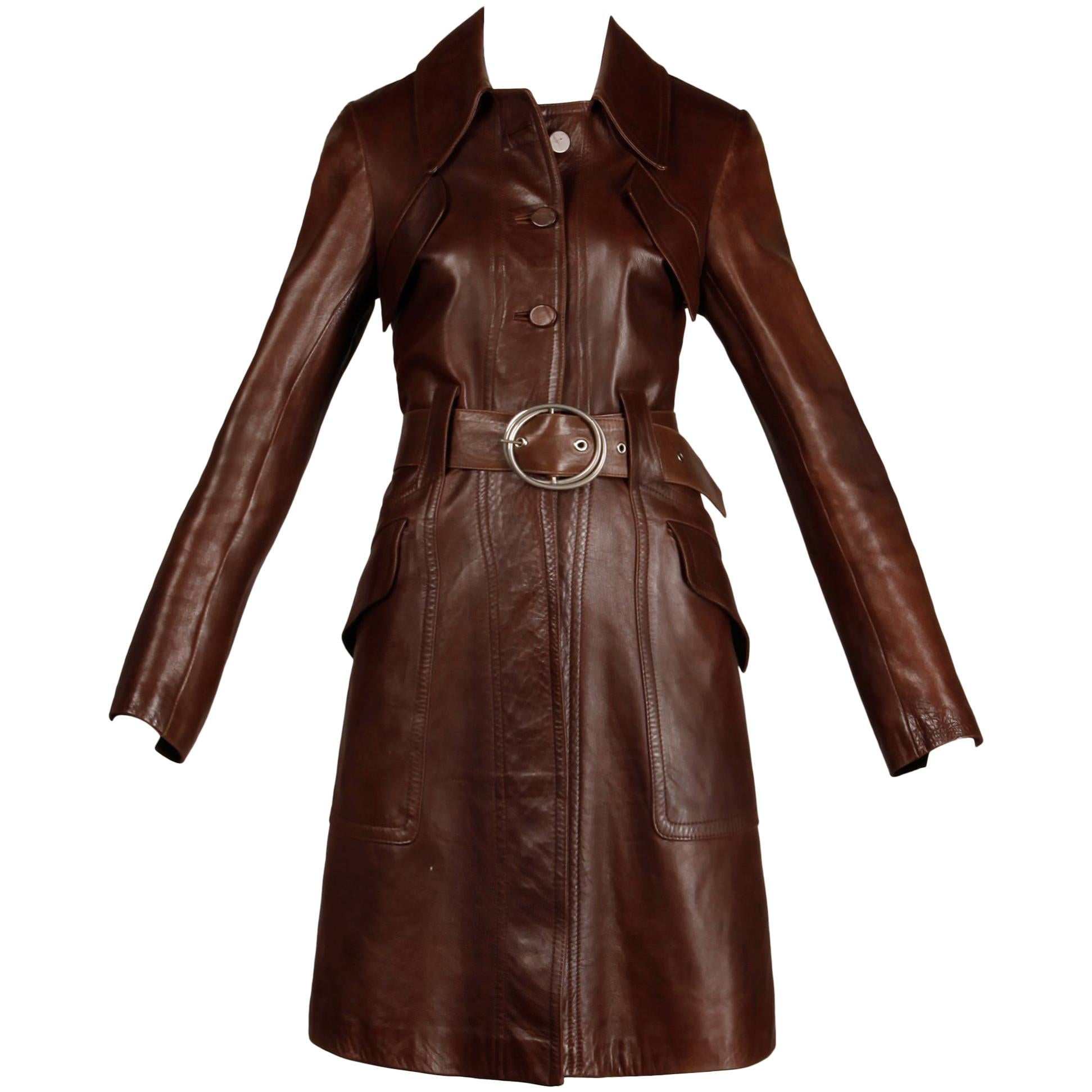 1970s Vintage Soft Buttery Brown Leather Trench Coat with Belt