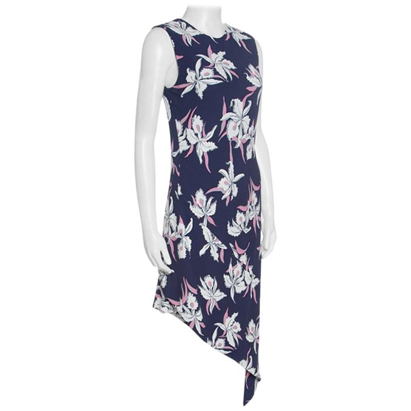 Marni Navy Blue Floral Printed Silk Georgette Asymmetric Dress M