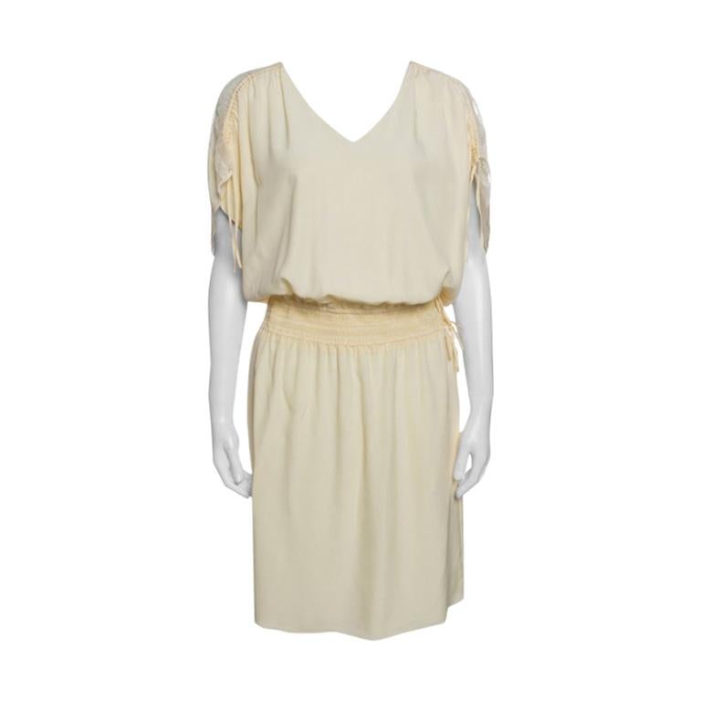 Chloe Vanilla Yellow Smocked Waist Lace Insert Tie Detail Dress M