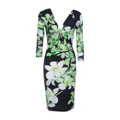 Roberto Cavalli Black Floral Printed Knit Long Sleeve Brooch Detail Dress M