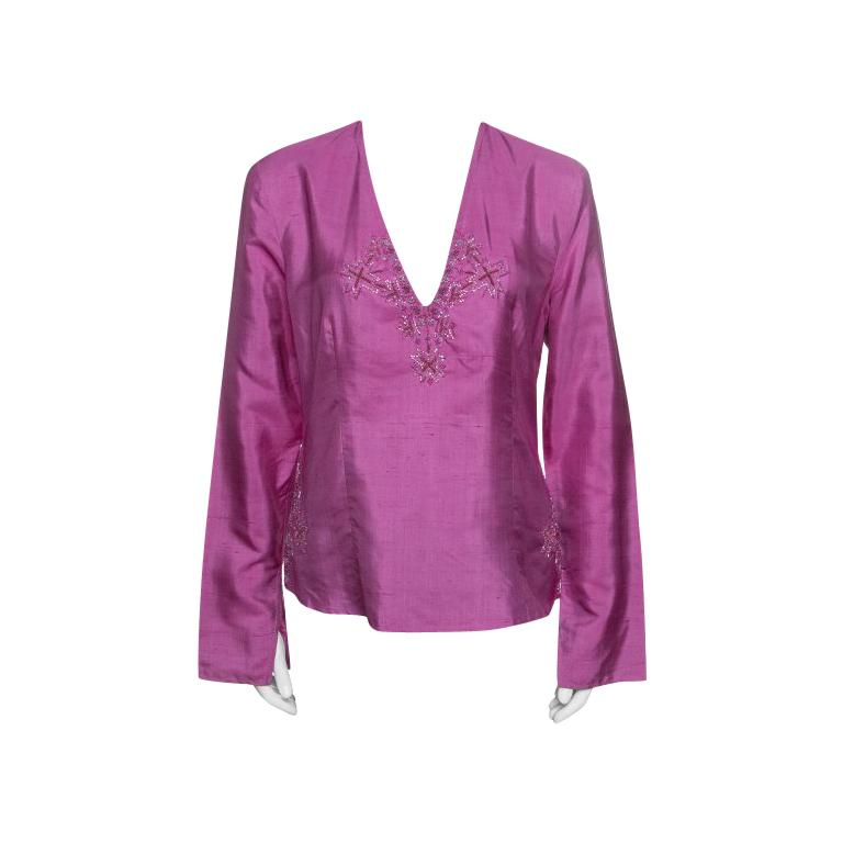 Emporio Armani Pink Raw Silk Embellished Long Sleeve Top L