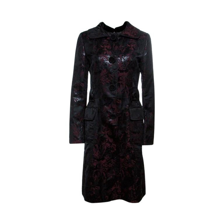 Dolce And Gabbana Black and Burgundy Metallic Floral Jacquard Long Coat M