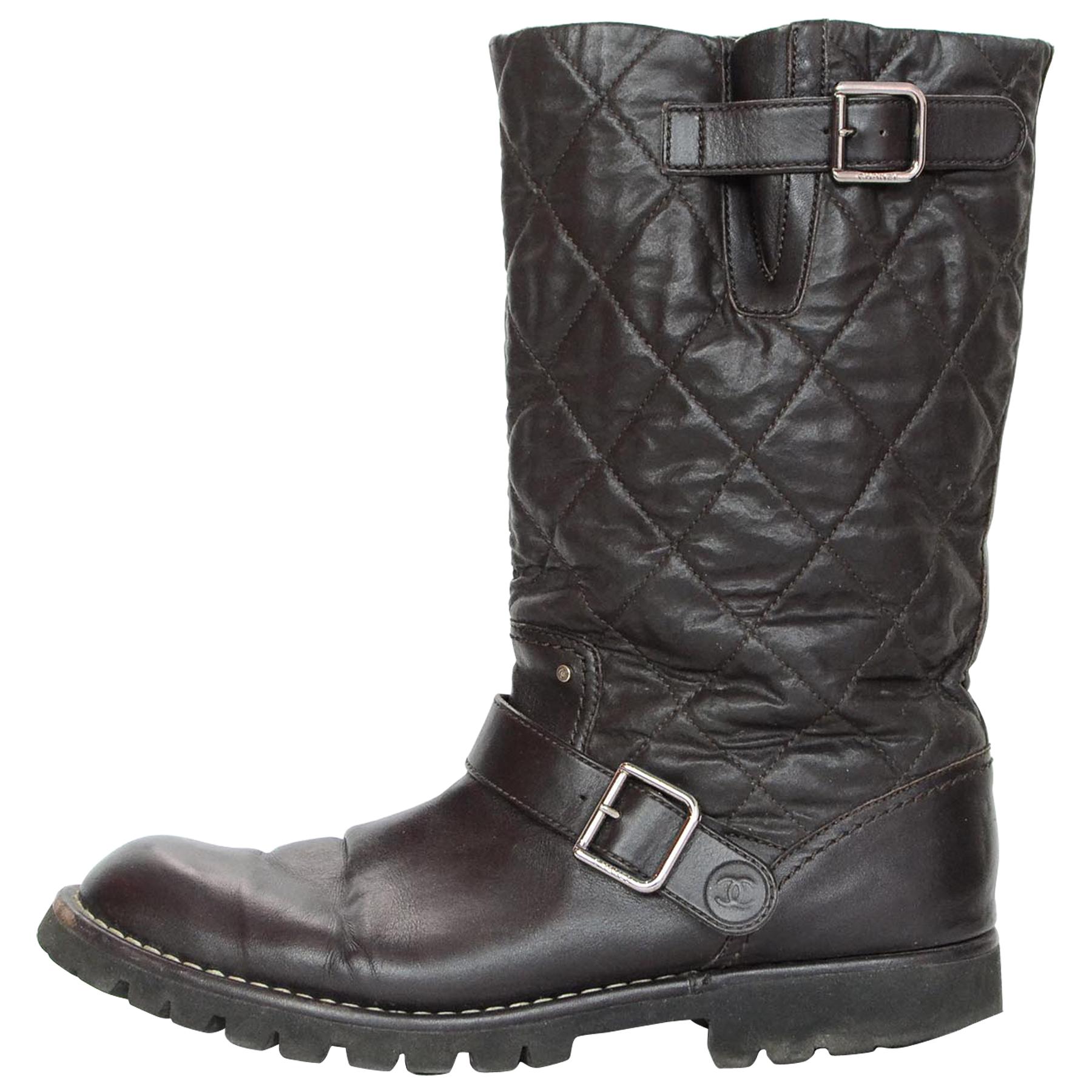 Chanel Brown Leather Quilted Biker Moto Boots sz 42 For Sale at 1stDibs