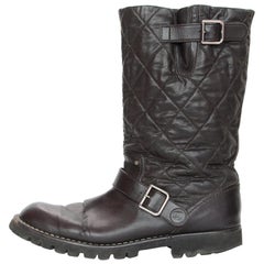 Chanel Brown Leather Quilted Biker Moto Boots sz 42 For Sale at