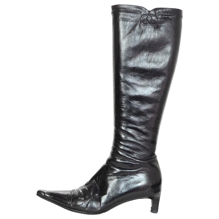 Chanel Black Kitten Heel Pointed Toe Boots W/ Embroidered CC Logo at